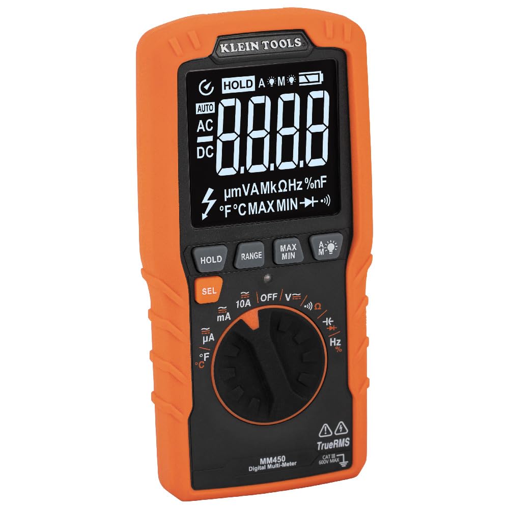 Klein Tools MM450 Slim Digital Multimeter, Reverse Contrast Display with Lead Alert, Auto-Ranging TRMS, 600V AC/DC Voltage, Current, Resistance, Temp, Frequency, Continuity