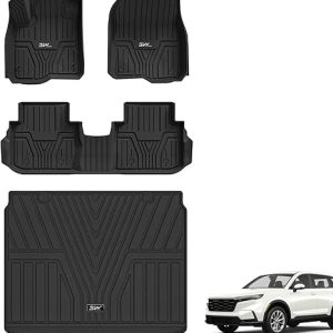 3W Floor Mats & Cargo Liner Fit for Honda CR-V 2023 2024 2025 2026 (Include Hybrid), All Weather TPE Custom Fit Honda CRV Floor Liner 1st, 2nd Row and Trunk (Upper Positon) Full Set Car Mats Black