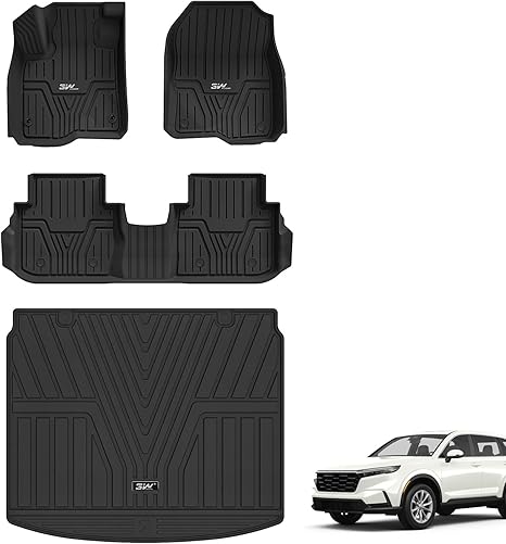 3W Floor Mats & Cargo Liner Fit for Honda CR-V 2023 2024 2025 2026 (Include Hybrid), All Weather TPE Custom Fit Honda CRV Floor Liner 1st, 2nd Row and Trunk (Upper Positon) Full Set Car Mats Black
