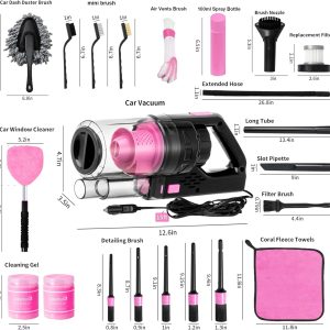 Viewsun 17pcs Car Cleaning Kit, Pink Car Interior Detailing Kit with High Power Handheld Vacuum, Detailing Brush Set, Windshield Cleaner, Cleaning Gel, Complete Auto Accessories for Women Gift