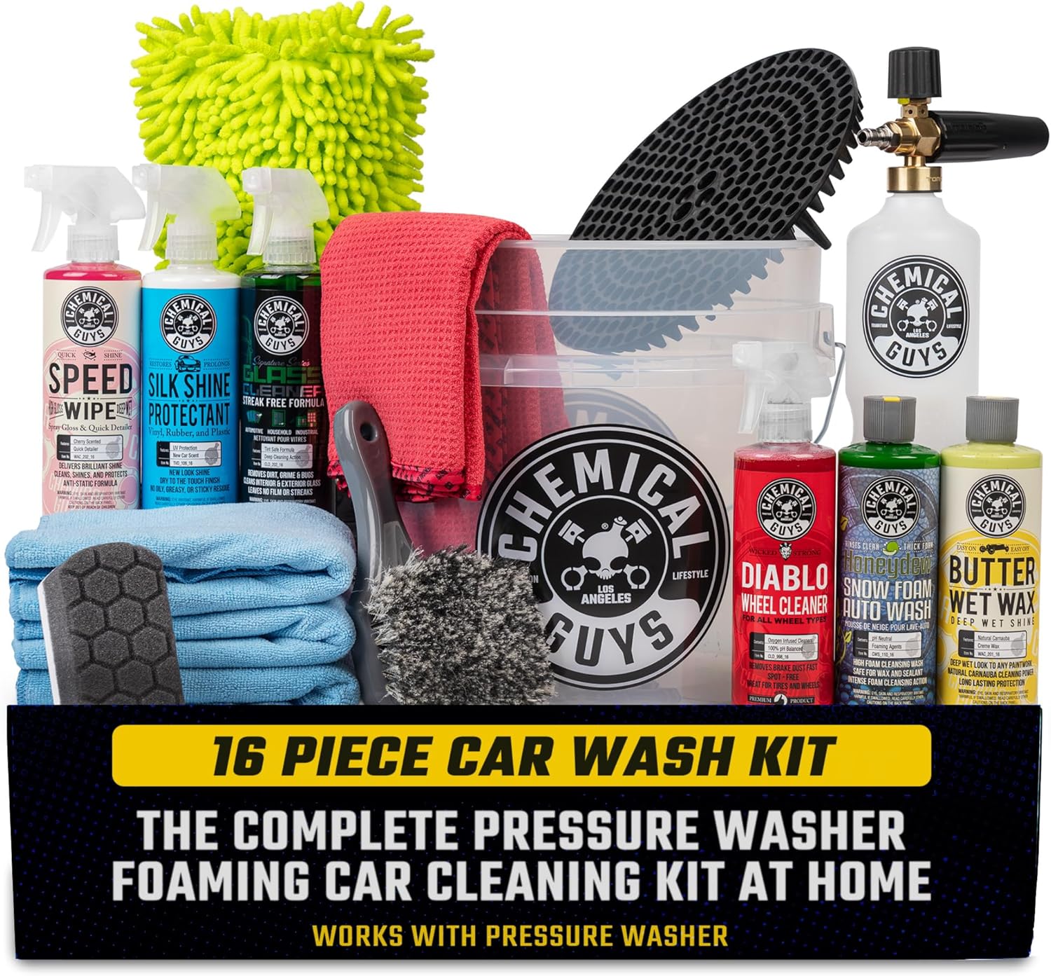 Chemical Guys HOL169 16-Piece Arsenal Builder Car Wash Kit with Foam Cannon, Bucket and (6) 16 Oz Car Care Cleaning Chemicals, Gift for Car & Truck Lovers, Dads and DIYers (Works W/Pressure Washers)