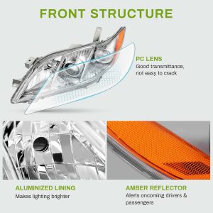AUTOSAVER88 Projector Headlight Assembly Compatible with 2007 2008 2009 Camry 07 08 09 Camry (Exclude Hybrid) Replacement Headlamps Left and Right Pair Chrome Housing Amber Reflector Clear Lens