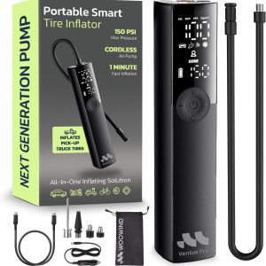 Tire Inflator Portable Air Compressor for Car, Bike, Motorcycle, SUV, Offroad & Truck - Fast Car Pump, 150 PSI, Cordless 12V DC, LED Display Emergency Light Woowind (Ventus pro)